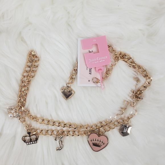 Juicy Couture Charm Chain Belt Women 1X Gold Pink Heart Crown Bee Y2K Rhinestone main image 6